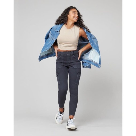 Spanx Size Small Washed Black Gray Stretch Twill Ankle Cargo Pants - Picture 9 of 9